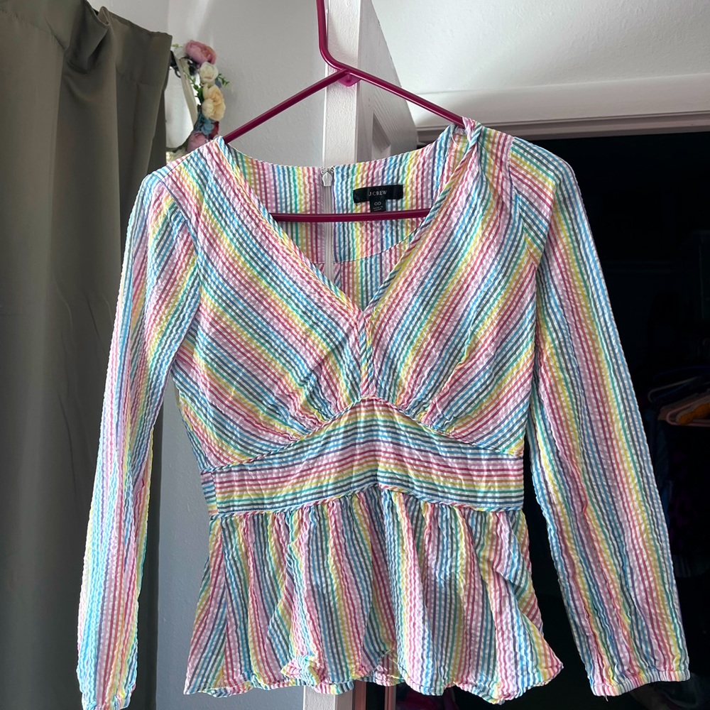 J. Crew V-neck peplum top in rainbow seersucker, size 00